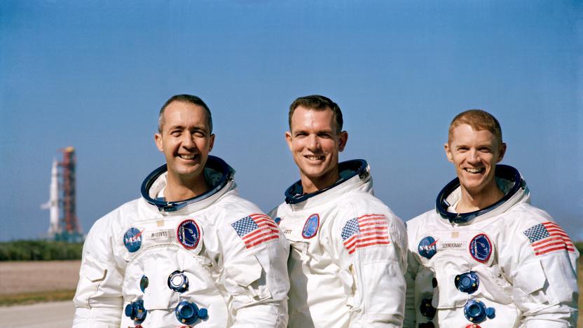 Prime crew of the Apollo 9 space mission. L to R, are James A. McDivitt, David R. Scott, and Russell L. Schweickart. (Photo by: HUM Images/Universal Images Group via Getty Images)