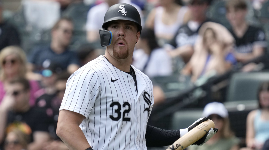 Associated Press - Chicago White Sox's Gavin Sheets reacts as he walks back to the dugout after being called out on strikes during the first inning of a baseball game against the Cincinnati Reds in Chicago, Sunday, April 14, 2024. (AP Photo/Nam Y. Huh)