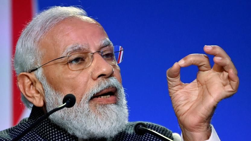 India's Prime Minister Narendra Modi speaks during the "Accelerating Clean Technology Innovation and Deployment" session at the UN Climate Change Conference (COP26) in Glasgow, Scotland, Britain November 2, 2021. Jeff J Mitchell/Pool via REUTERS