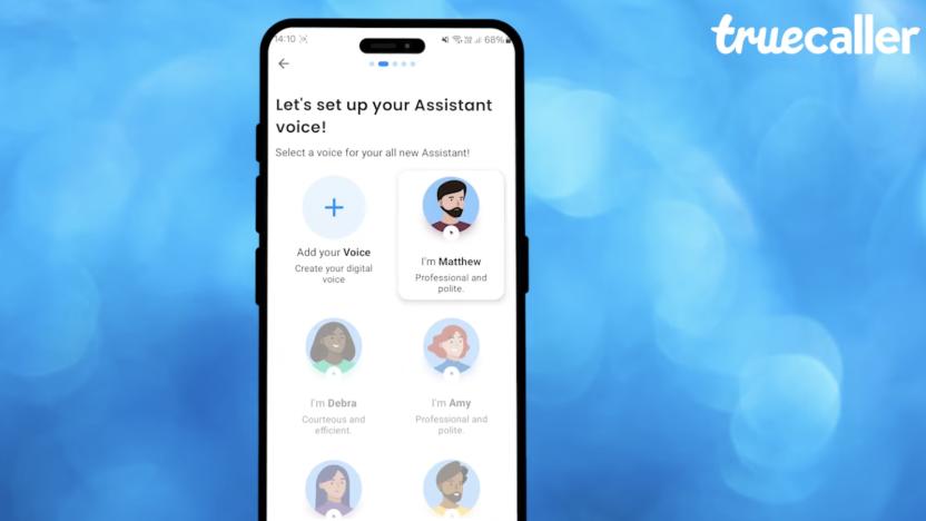 A phone screen showing a page that says "Let's set up your Assistant voice!"