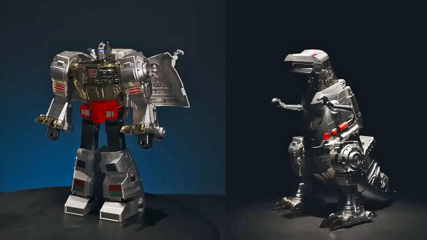 Split-screen marketing photo of Robosen’s Grimlock Transformers toy. The robot stands on the left and the dinosaur form on the right. They're in front of a dark, black / blue background.