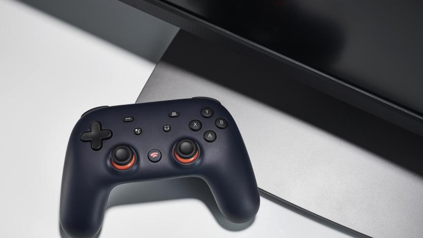 A Google Stadia video game controller with a Night Blue finish alongside a gaming monitor, taken on November 27, 2019. (Photo by Olly Curtis/Future Publishing via Getty Images)