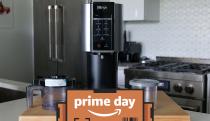 The Ninja Creami machine sits in a kitchen, the prime day badge is on top of the image. 