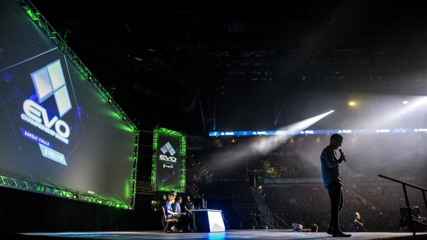 LAS VEGAS, NV - AUGUST 05:  Players get ready to compete in the Guilty Gear Xrd: Rev 2 finals during EVO 2018 at the Mandalay Bay Convention Center on August 5, 2018 in Las Vegas, Nevada. (Photo by Joe Buglewicz/Getty Images)