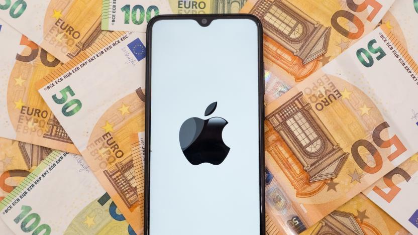 In this photo illustration an Apple logo seen displayed on a smartphone screen on 50 and 100 Euro bills in Athens, Greece on October 9, 2023. (Photo Illustration by Nikolas Kokovlis/NurPhoto via Getty Images)