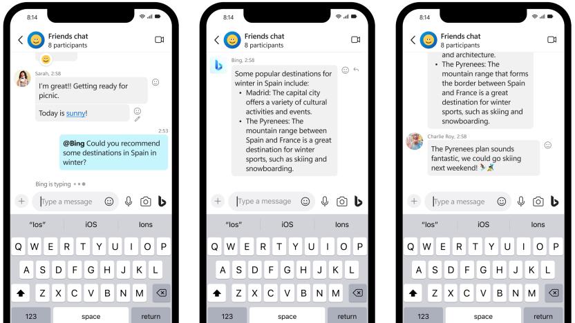 Screenshots of a Microsoft's Bing chatbot in a Skype group chat. A user asks about suggestions for winter destinations in Spain and the chatbot provides some options.