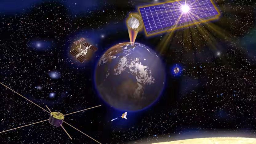 An artist's depiction of solar arrays wirelessly beaming power to Earth. 