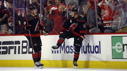 Associated Press - Carolina Hurricanes' Sebastian Aho (20), with teammate Brady Skjei (76) nearby, celebrates after his tying goal during the third period in Game 2 of an NHL hockey Stanley Cup first-round playoff series against the New York Islanders in Raleigh, N.C., Monday, April 22, 2024. (AP Photo/Karl B DeBlaker)