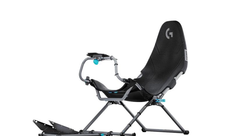 A black folding chair with the Logitech logo.