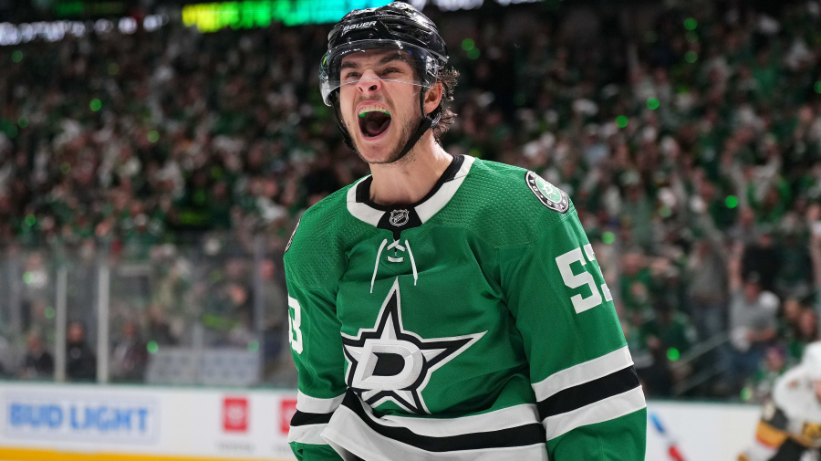 Getty Images - DALLAS, TEXAS - MAY 05: Wyatt Johnston #53 of the Dallas Stars celebrates after scoring a goal against the Vegas Golden Knights during the first period in Game Seven of the First Round of the 2024 Stanley Cup Playoffs at American Airlines Center on May 05, 2024 in Dallas, Texas. (Photo by Cooper Neill/Getty Images)