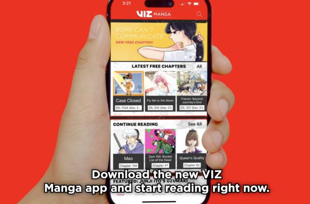A promo photo of the new VIZ Manga service, showing its interface on a phone held up by a hand against a red background.