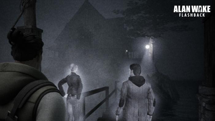 Marketing screenshot for the Alan Wake / Fortnite tie-in. A player watches a holographic recreation of events from the original game. Grainy black and white appearance.