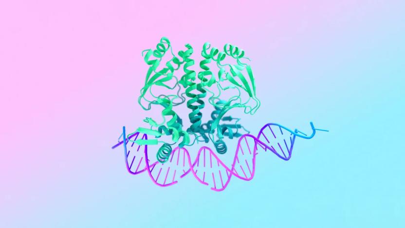 Colorful protein structure against an abstract gradient background.