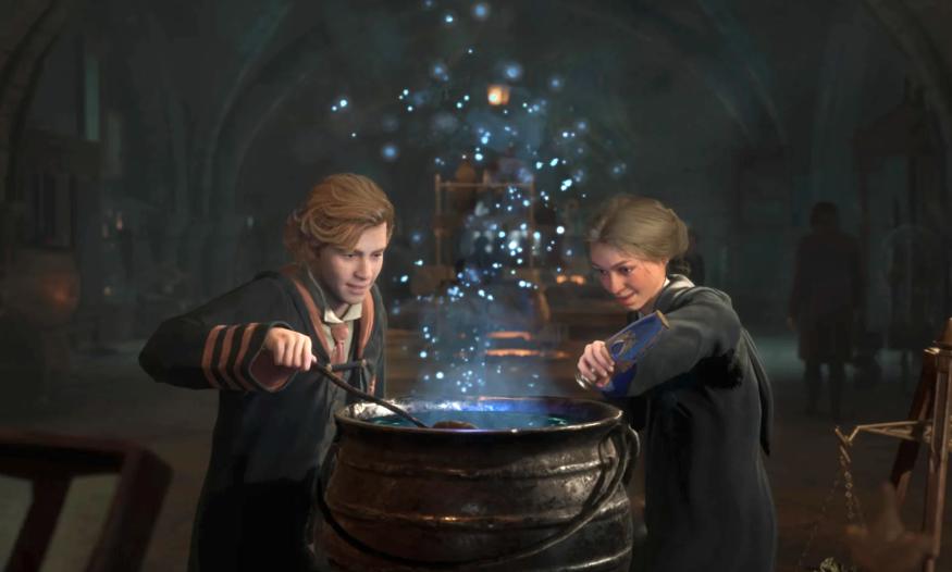 A screenshot from 'Hogwarts Legacy' depicting two wizards stirring a large cauldron. 