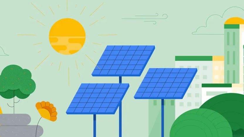 A colorful illustration (Google-style) of solar power generators in front of buildings and near trees and flowers.