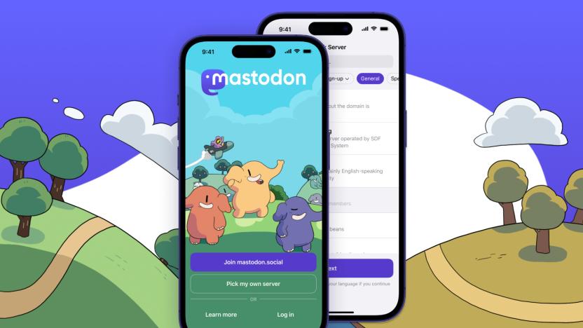 A product photo of Mastodon showing its simplified sign-up page with the option to join a server it operates called mastodon.social. 