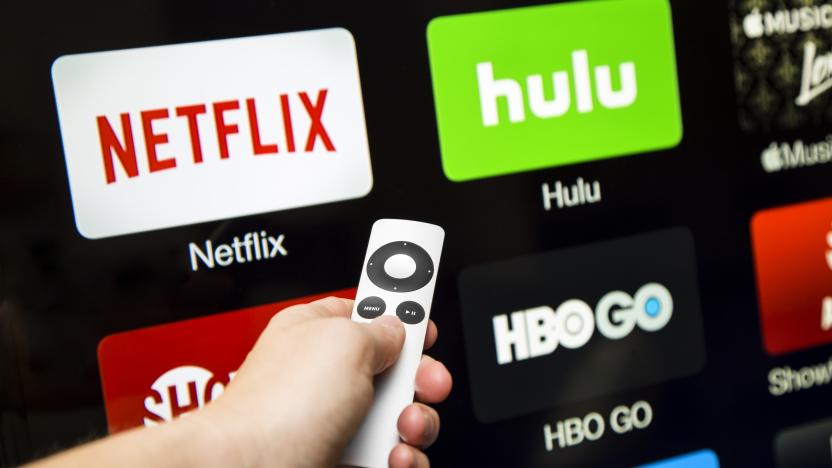 Canton, GA, USA - October 4, 2015 Netflix, hulu, and hbo subscription streaming video service accessed through a Apple tv and displayed on a hd tv.  These application are paid services popular with cable cutters as an alternative to paying for cable.  