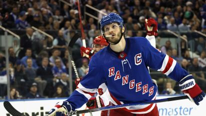 Getty Images - NEW YORK, NEW YORK - MAY 13: Jacob Trouba #8 of the New York Rangers reacts to a third period goal by Jordan Martinook #48 of the Carolina Hurricanes in Game Five of the Second Round of the 2024 Stanley Cup Playoffs at Madison Square Garden on May 13, 2024 in New York City.  (Photo by Bruce Bennett/Getty Images)