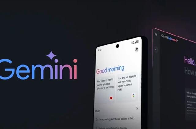 An ad for Google Gemini showing a fancy blue and red font-styling of the word Gemini next to a phone screen with "Good morning" on the screen.