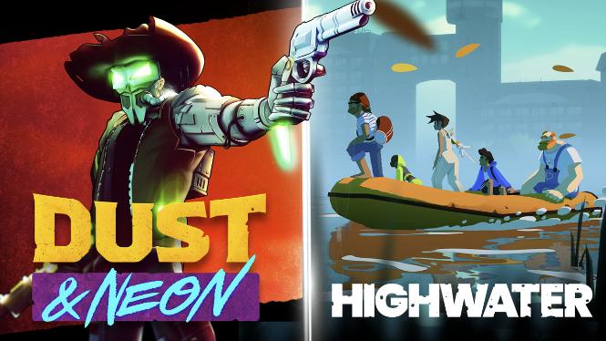 Key art for 'Dust & Neon' and 'Highwater,' two upcoming games from publisher Rogue Games.