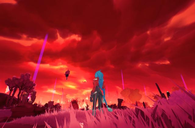 Marketing still from the upcoming game ‘Hyper Light Breaker.’ A humanoid character with a red body and long blue hair gazes at a forboding red sky with purple beams coming down from the clouds.