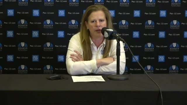 Head coach Cori Close addresses media after UCLA's loss in the 2021 Pac-12 Women's Basketball Championship