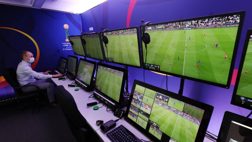 Soccer Football - Club World Cup - A media event with Pierluigi Collina and Sebastian Runge to demonstrate semi-automated offside lines being used - Mohammed Bin Zayed Stadium, Abu Dhabi, United Arab Emirates - February 9, 2022 A demonstration of the technology of semi-automated offside lines being used in the VAR room  REUTERS/Matthew Childs