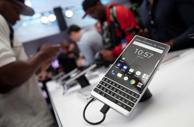 The new BlackBerry Key2 smartphone is displayed at a product launch event for the device in Manhattan in New York, U.S., June 7, 2018. REUTERS/Mike Segar