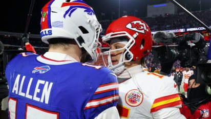 Getty Images - ORCHARD PARK, NEW YORK - JANUARY 21: Patrick Mahomes #15 of the Kansas City Chiefs hugs Josh Allen #17 of the Buffalo Bills after the AFC Divisional Playoff game at Highmark Stadium on January 21, 2024 in Orchard Park, New York. (Photo by Timothy T Ludwig/Getty Images)