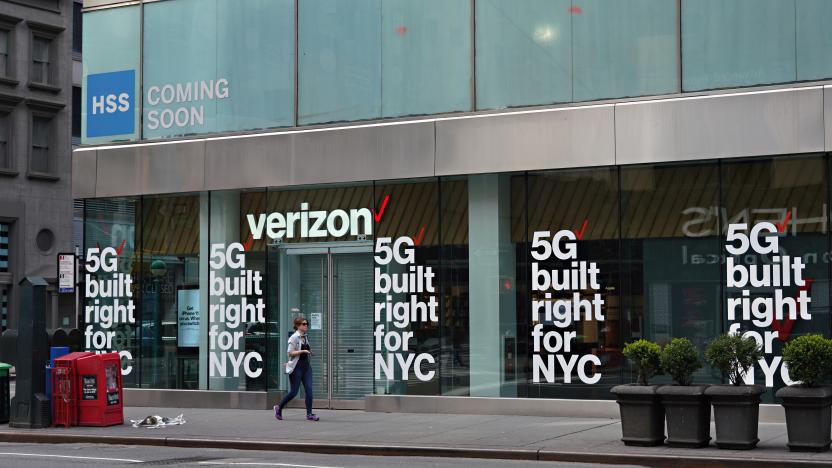 NEW YORK, NEW YORK - APRIL 05: A view of a Verizon store advertising 5G amid the coronavirus pandemic on April 05, 2020 in New York City. COVID-19 has spread to most countries around the world, claiming almost 70,000 lives with infections nearing 1.3 million people.  (Photo by Cindy Ord/Getty Images)