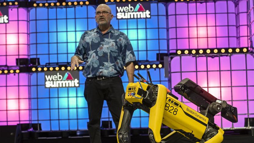 LISBON, PORTUGAL - NOVEMBER 07: Marc Raibert, Founder & CEO, Boston Dynamics, speaks on "Welcome to the future of mobile robots" and demonstrate their capability onstage with Spot, one of them at Center Stage of Web Summit in Altice Arena on November 07, 2019 in Lisbon, Portugal. Web Summit is an annual technology conference which brings together a variety of technology companies to discuss the future of industry. This year’s event runs from November 4- 7 and is expected to attract around 70,000 participants.  (Photo by Horacio Villalobos/Corbis via Getty Images)