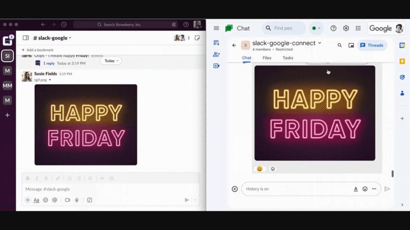 Screenshots of Slack and Google Chat, showing the same "Happy Friday" GIF on each.