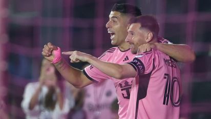 Getty Images - FORT LAUDERDALE, FL - MAY 04: Inter Miami forward Lionel Messi (10) celebrates his goal in the second half with Inter Miami forward Luis Suárez (9) during the game between New York Red Bulls and Inter Miami CF on Saturday, May 4, 2024 at Chase Stadium, Fort Lauderdale, Fla. (Photo by Peter Joneleit/Icon Sportswire via Getty Images)