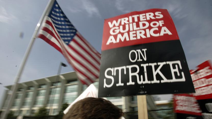 FILE - Writers Guild of America (WGA) writers and others strike against the Alliance of Motion Picture and Television Producers (AMPTP) in a rally at Fox Plaza in Los Angeles' Century City district on Nov. 9, 2007. Television and movie writers on Monday, May 1, 2023, declared that they will launch an industrywide strike for the first time since 2007, as Hollywood girded for a shutdown in a dispute over fair pay in the streaming era. (AP Photo/Reed Saxon, File)