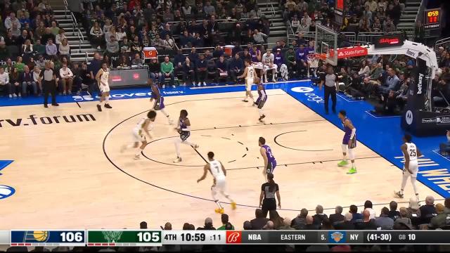 Andrew Nembhard with an and one vs the Milwaukee Bucks