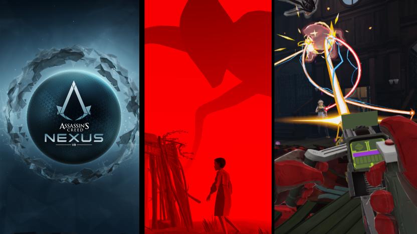 Split-screen collage of three upcoming VR games from Meta's showcase: ‘Assassin’s Creed Nexus VR,’ ‘Stranger Things VR’ and ‘Ghostbusters: Rise of the Ghost Lord.’