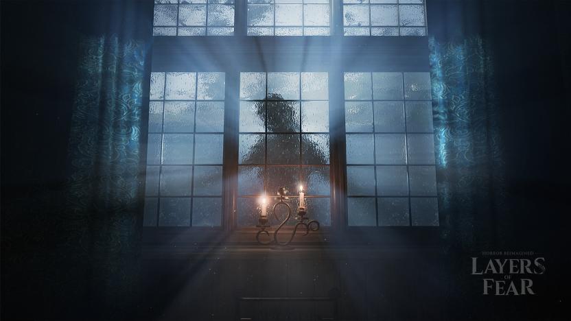 A screenshot of 'Layers of Fear' showing a ghostly apparition at a window. 