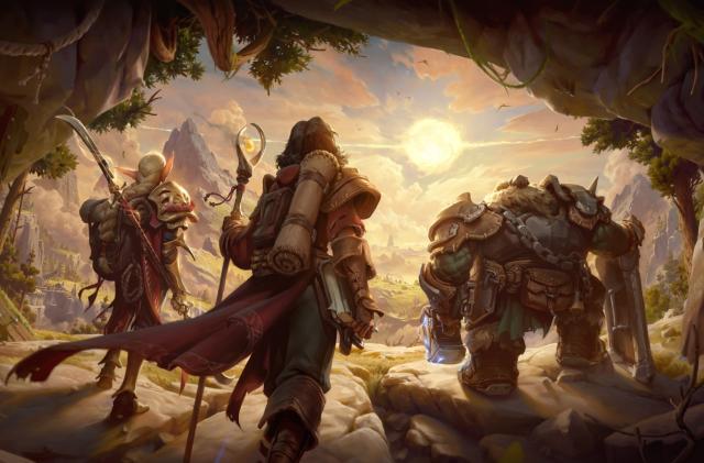 Fantasy art, showing three figures from behind, overlooking a bright world. On the left appears to be an elf, a human in the center and a dwarf paladin on the right.