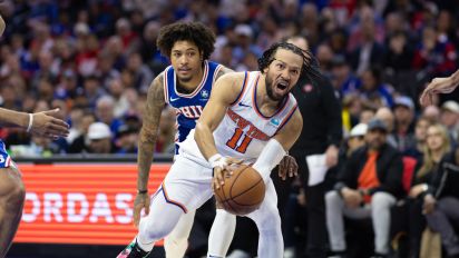 Reuters - Apr 25, 2024; Philadelphia, Pennsylvania, USA; New York Knicks guard Jalen Brunson (11) drives past Philadelphia 76ers guard Kelly Oubre Jr. (9) during the second quarter of game three of the first round for the 2024 NBA playoffs at Wells Fargo Center. Mandatory Credit: Bill Streicher-USA TODAY Sports