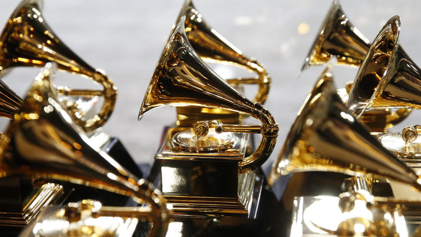 60th Annual Grammy Awards – Show – New York, U.S., 28/01/2018 – Grammy Awards trophies are displayed backstage during the pre-telecast. REUTERS/Carlo Allegri