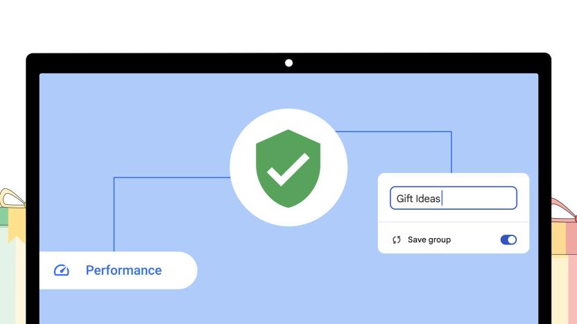 Marketing art displaying Safety Check and performance improvements in the Chrome browser. Colored digital drawing of a laptop screen with a green check on it. It also shows "Performance" and a search bar with the text "Gift ideas." Gifts surround the laptop screen.