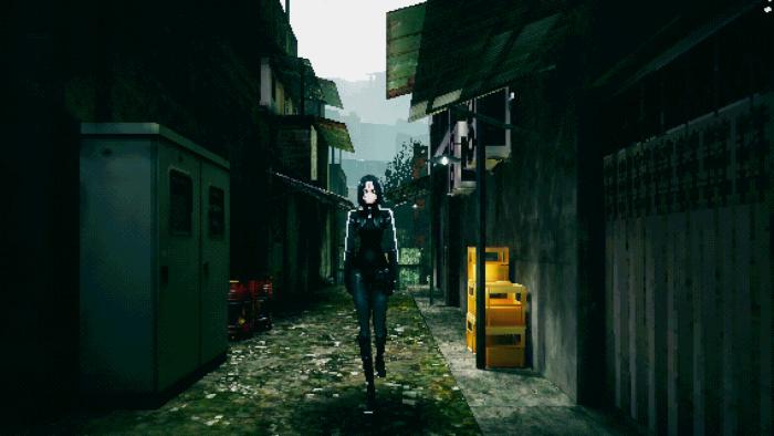 A computer-generated image of a person in a tracksuit walking in an alleyway.