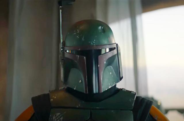 A still image of the helmeted Boba Fett from the upcoming series "The Book of Boba Fett".