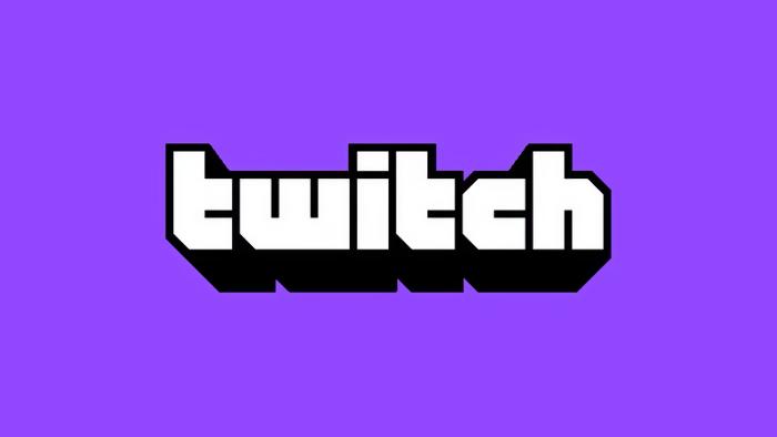 Twitch logo: retro-style boxy font in white with a hard black drop shadow against a purple background.
