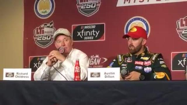 Austin Dillon talks to media after winning NASCAR Xfinity Series race at MIS