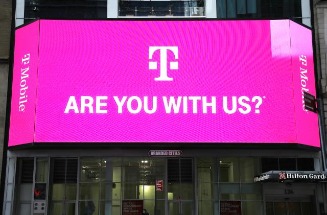 NEW YORK, UNITED STATES - 2020/10/15: T-Mobile network advertises seen on a Jumbotron in Times Square. (Photo by John Lamparski/SOPA Images/LightRocket via Getty Images)