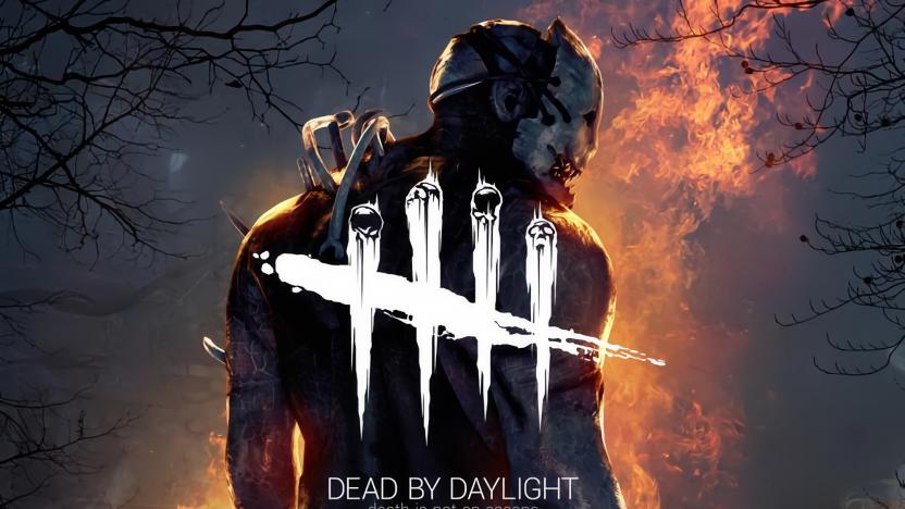 Promotional art for the video game “Dead by Daylight.” It shows the back of a scary horror hiller wearing a mask.