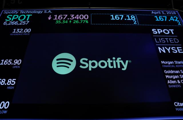 The Spotify logo is displayed after the stock began selling as a direct listing on the floor of the New York Stock Exchange in New York, U.S., April 3, 2018.  REUTERS/Lucas Jackson