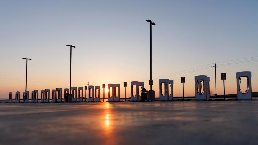 A Tesla supercharging station is seen in the early morning sun, in Kettleman City, California, U.S., January 25, 2023.  REUTERS/Mike Blake