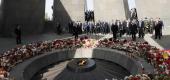 Armenian Prime Minister Nikol Pashinyan, center, attends a memorial service at the monument to the victims of mass killings by Ottoman Turks. (AP)